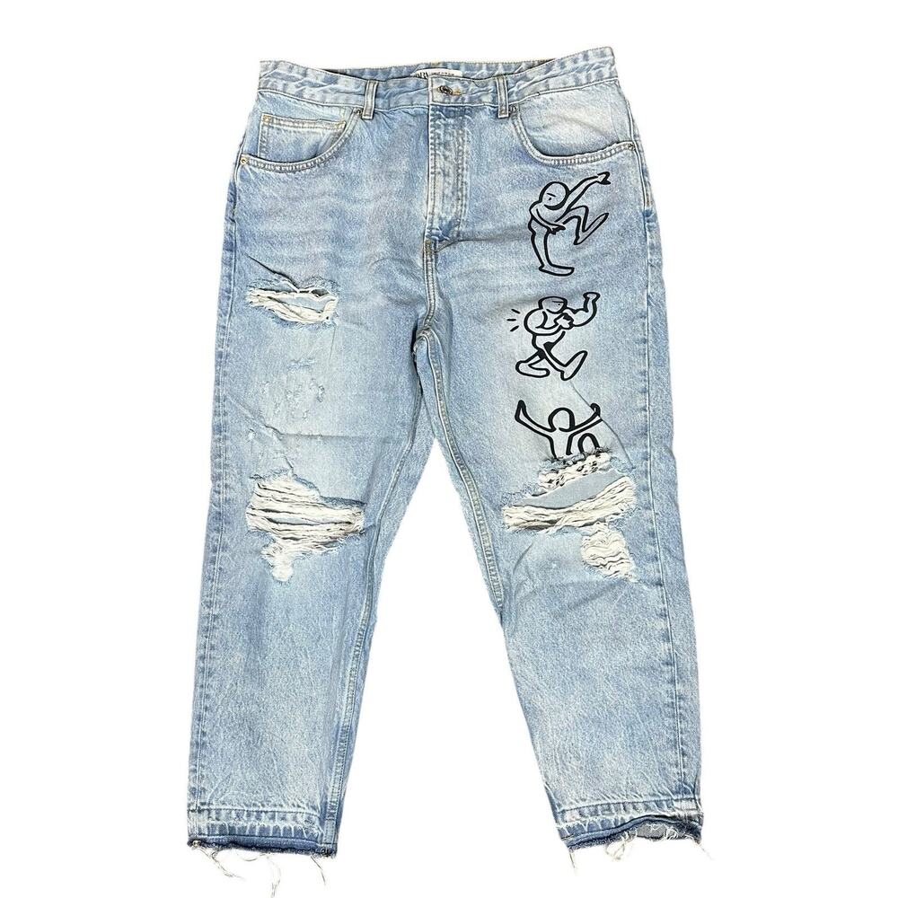 Zara Destroyed Distressed Graffitti Jeans 36 Baggy Loose Crop Womens Mens Unisex